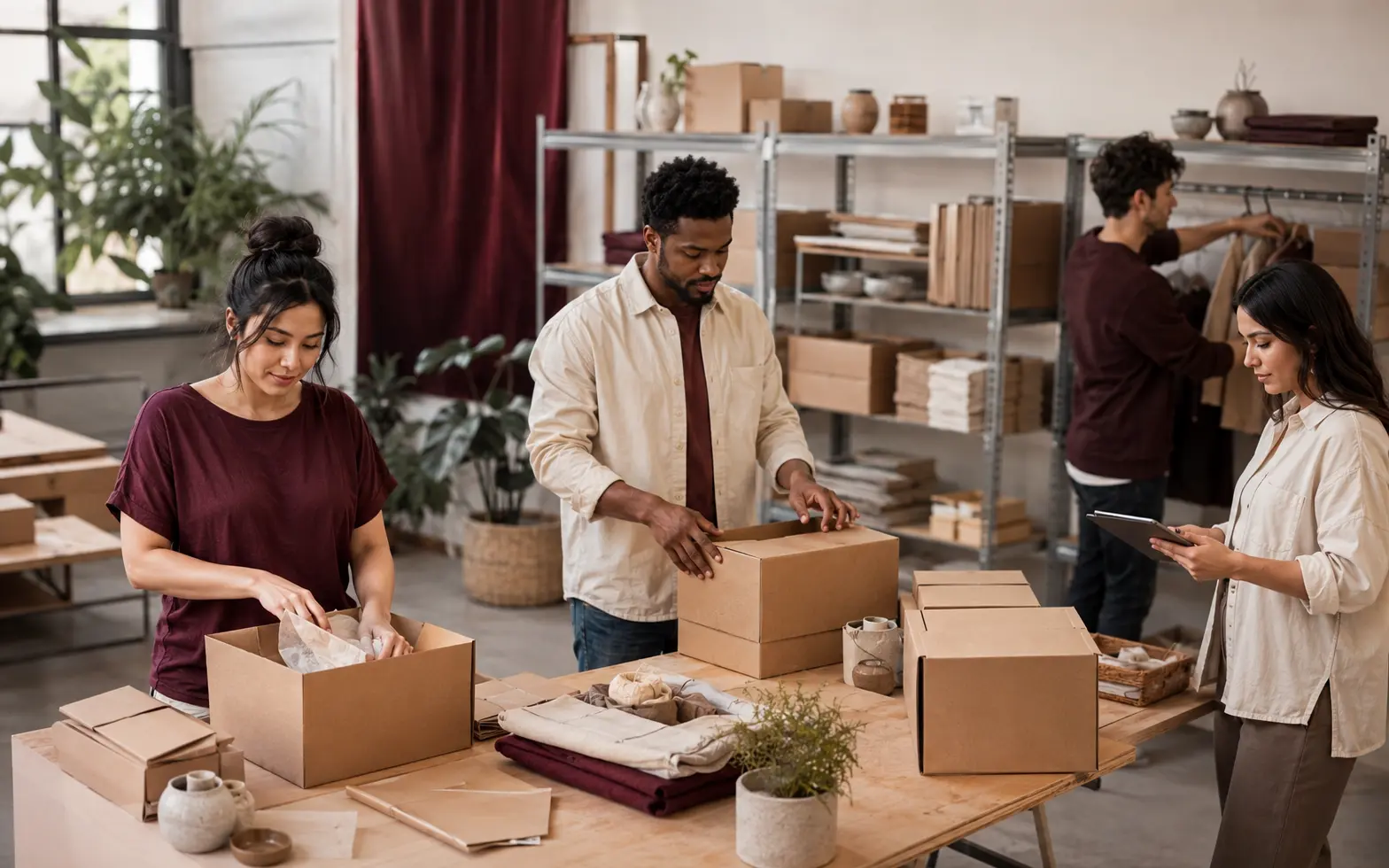 A part-time operations team organizing inventory in a studio